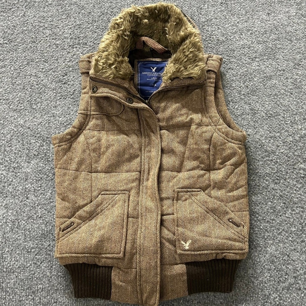 American Eagle Vest Womens Small Brown Herringbone Wool Viscose Faux Fur Puffer